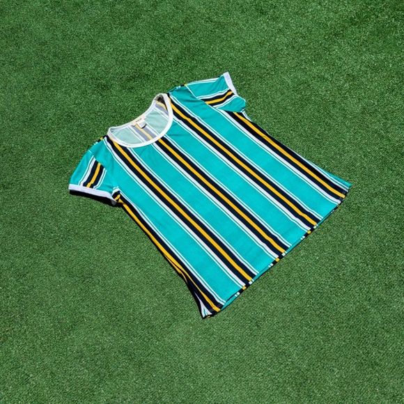 Marci Womens Juniors Green Blue White Yellow Striped Short Sleeve Shirt SzXL GUC - Picture 5 of 8